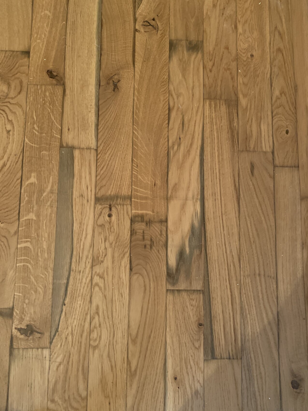 Wood floor with light brown planks, visible grain and some knots.