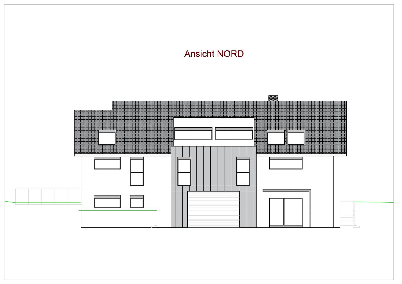 North view of a modern house with a central vertical façade section and garage.