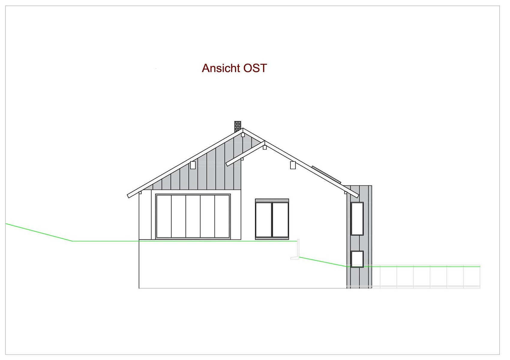 East view of a house with gable roof, large glass fronts and side extension.
