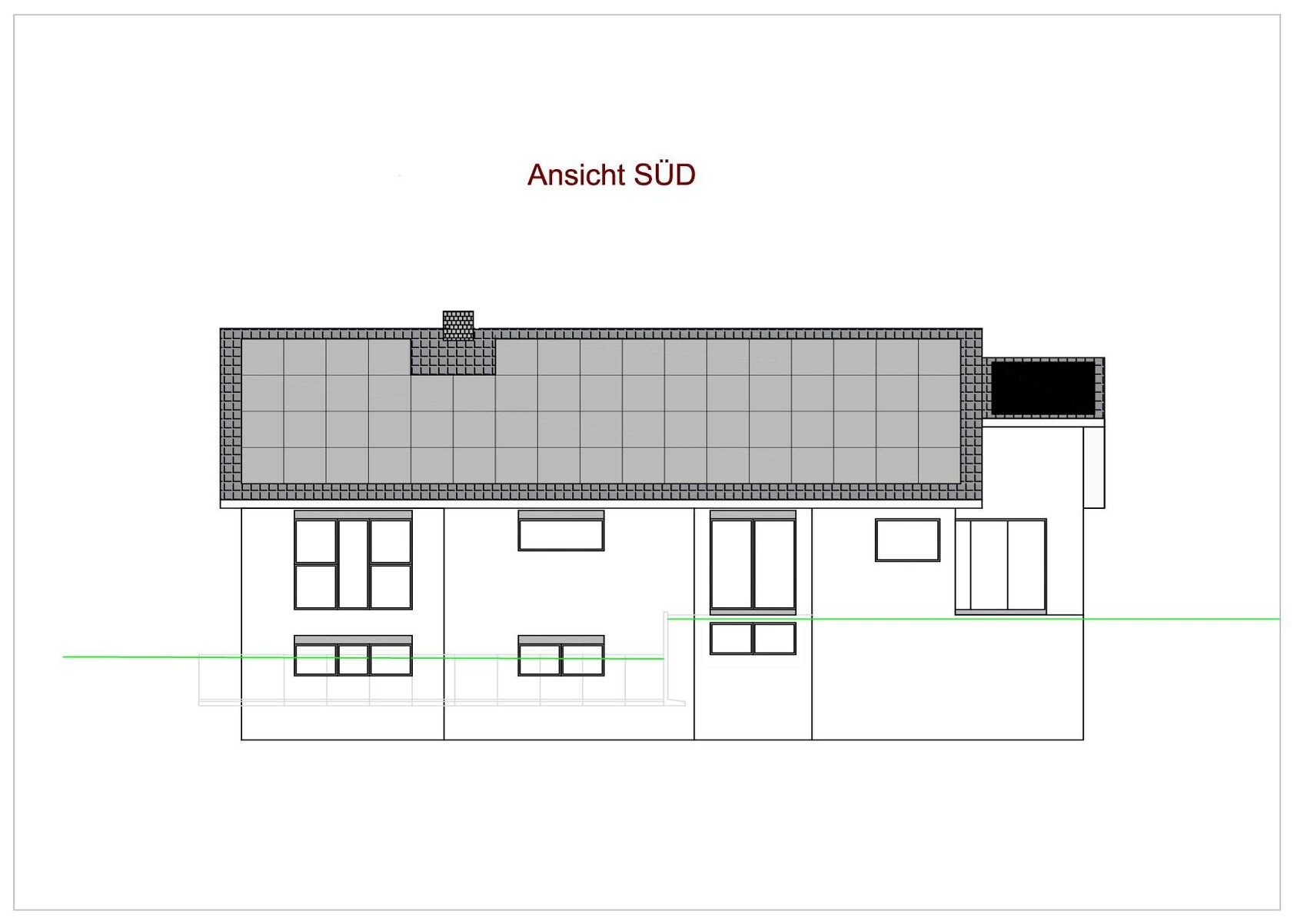 South view of a two-storey building with flat roof, windows and entrance.