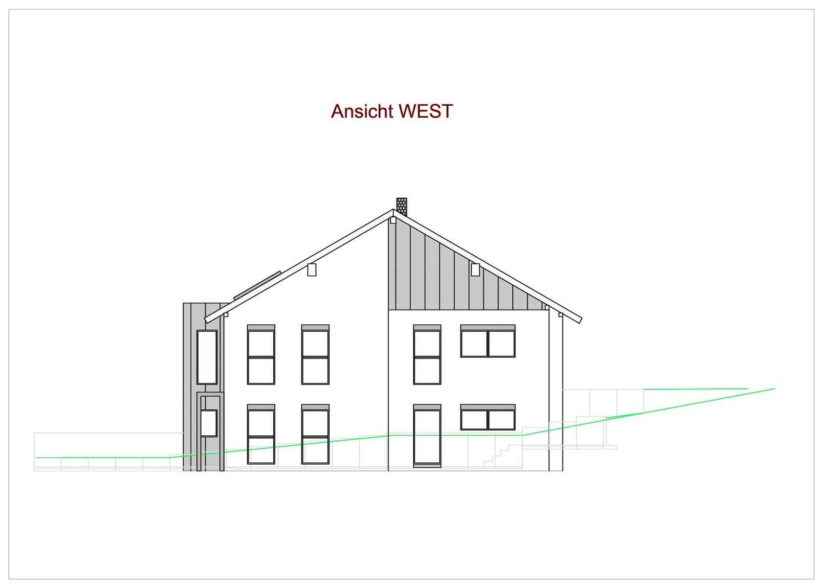 West view: Two-storey house with gable roof, rows of windows and terrain steps.