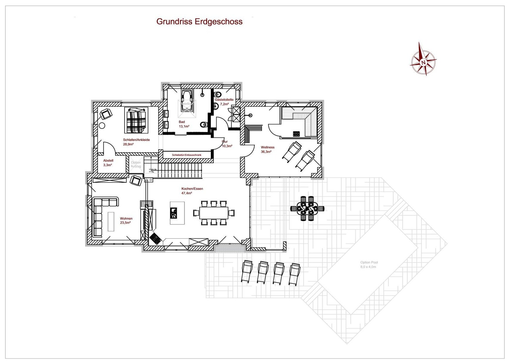 Ground floor plan: Living, cooking/dining, sleeping, bathroom, wellness, hallway, storage, terrace.