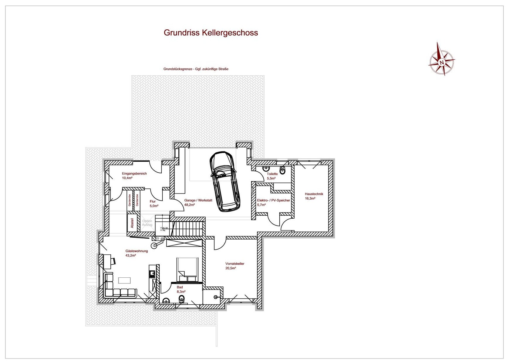 Basement floor plan: Car in garage, guest apartment, storage cellar, building services.