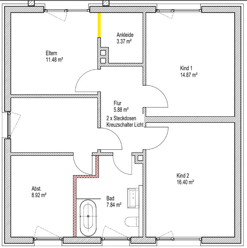 2D-Grundriss eines Hauses mit Eltern- und Kinderzimmern, Bad, Ankleide und Flur