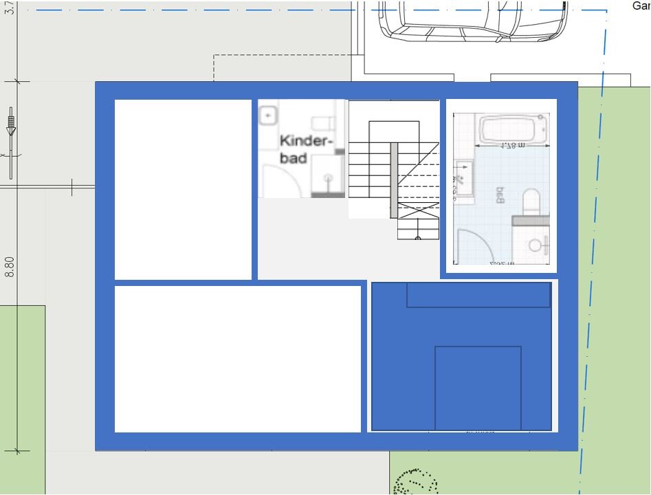 Grundriss eines Hauses mit blauer Umrandung: Kinderbad, Treppe, Bad, zwei Räume und Garage.