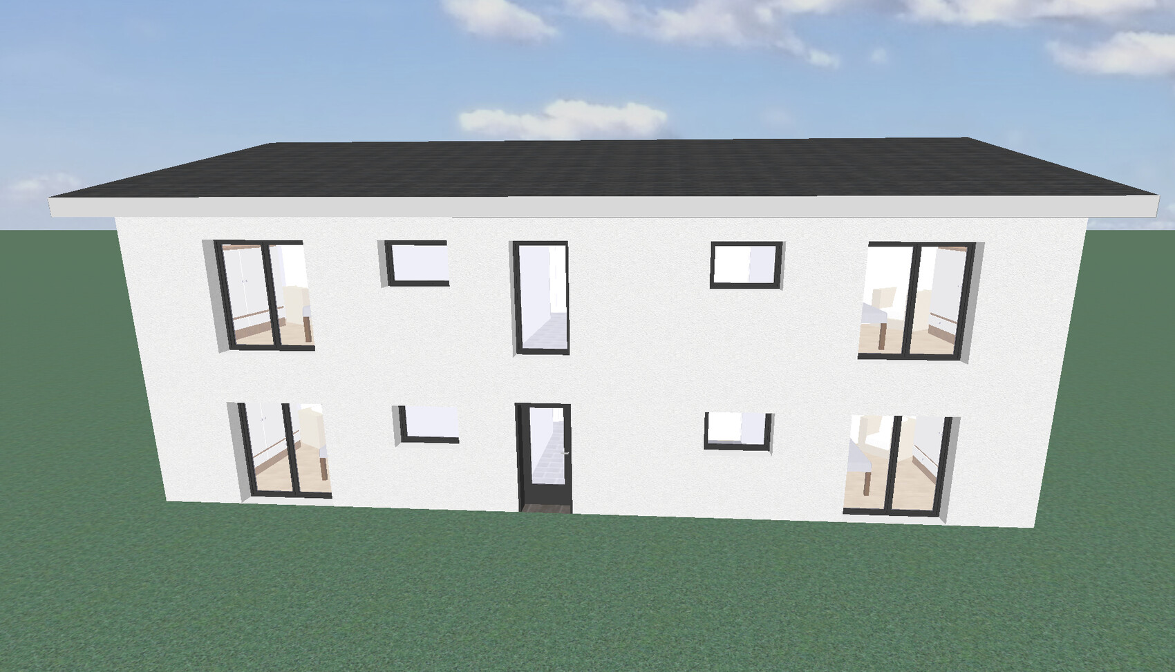 Two-story white residential building with dark roof, large windows and doors, on green lawn.