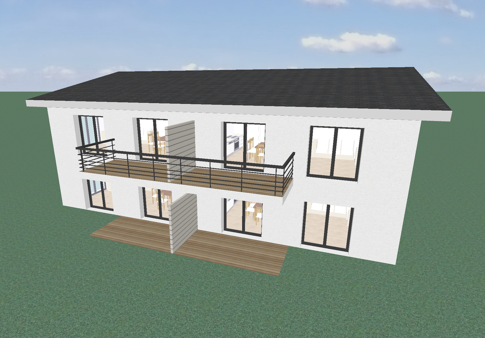 Modern two-story white house with large glass facade, balcony and wooden terraces.