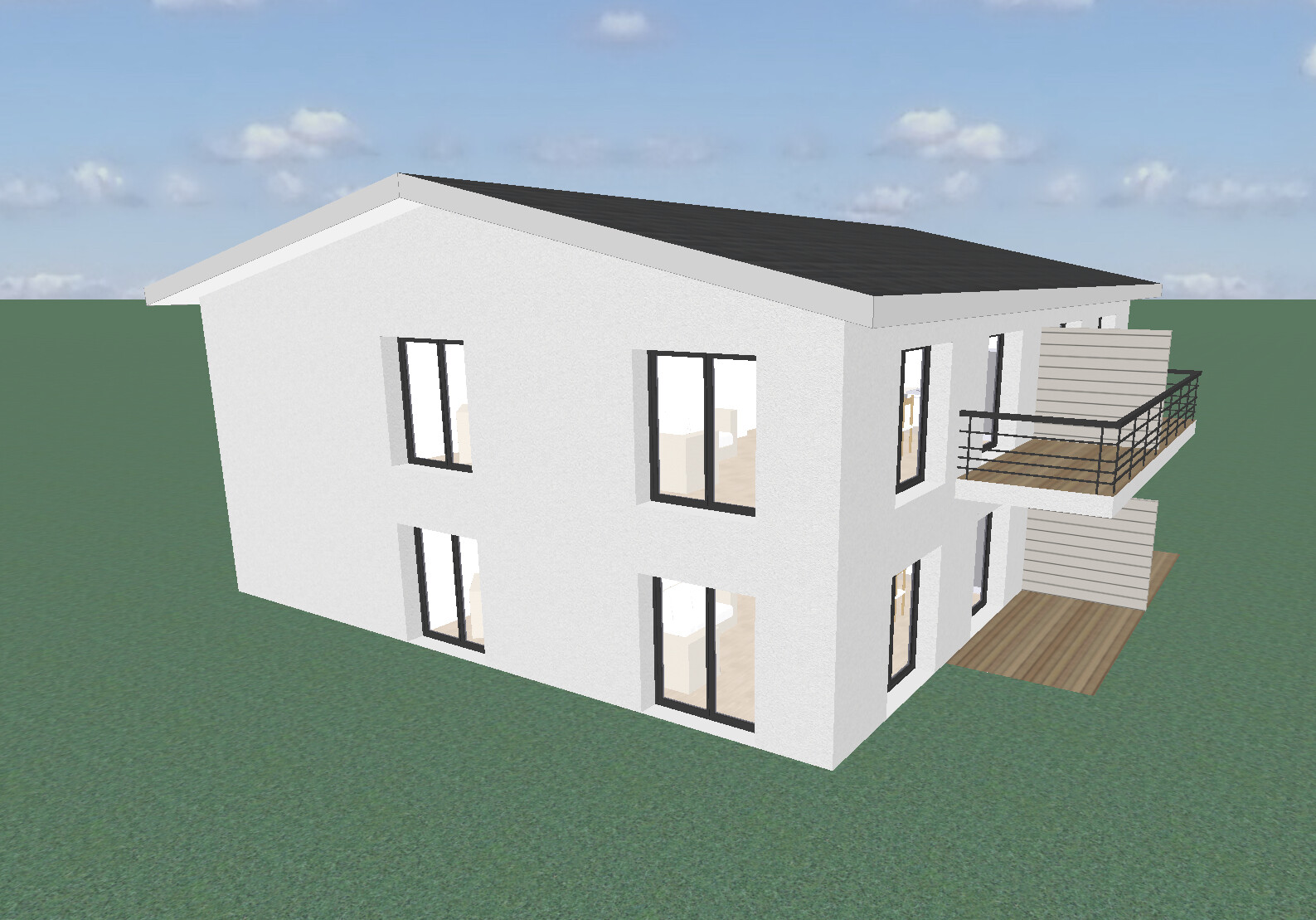 Modern white two-story house with balcony, wooden deck and large windows on green lawn.