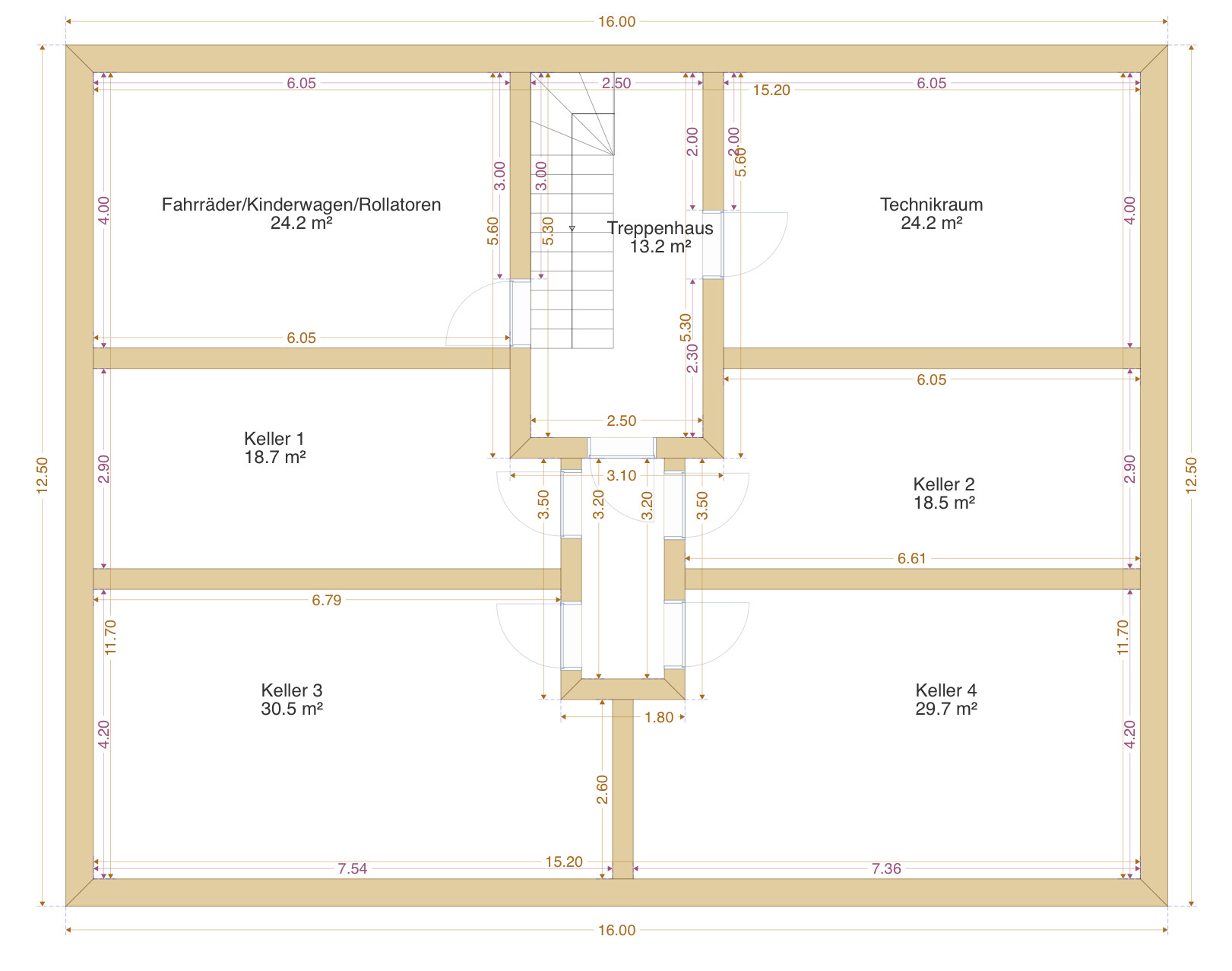Basement floor plan: central staircase, utility room, bike and walker storage, cellar rooms.