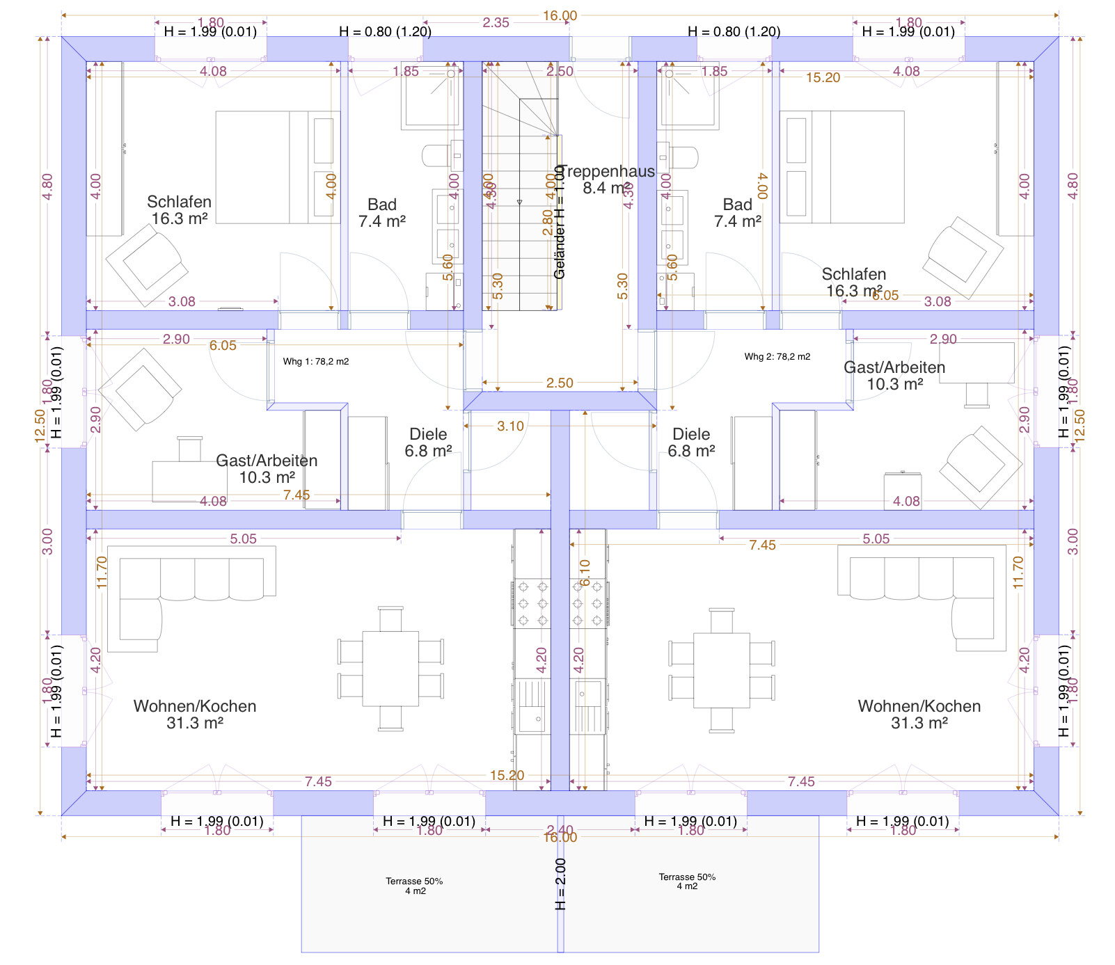 Floor plan of a two-family house with central staircase, two living units and terraces.
