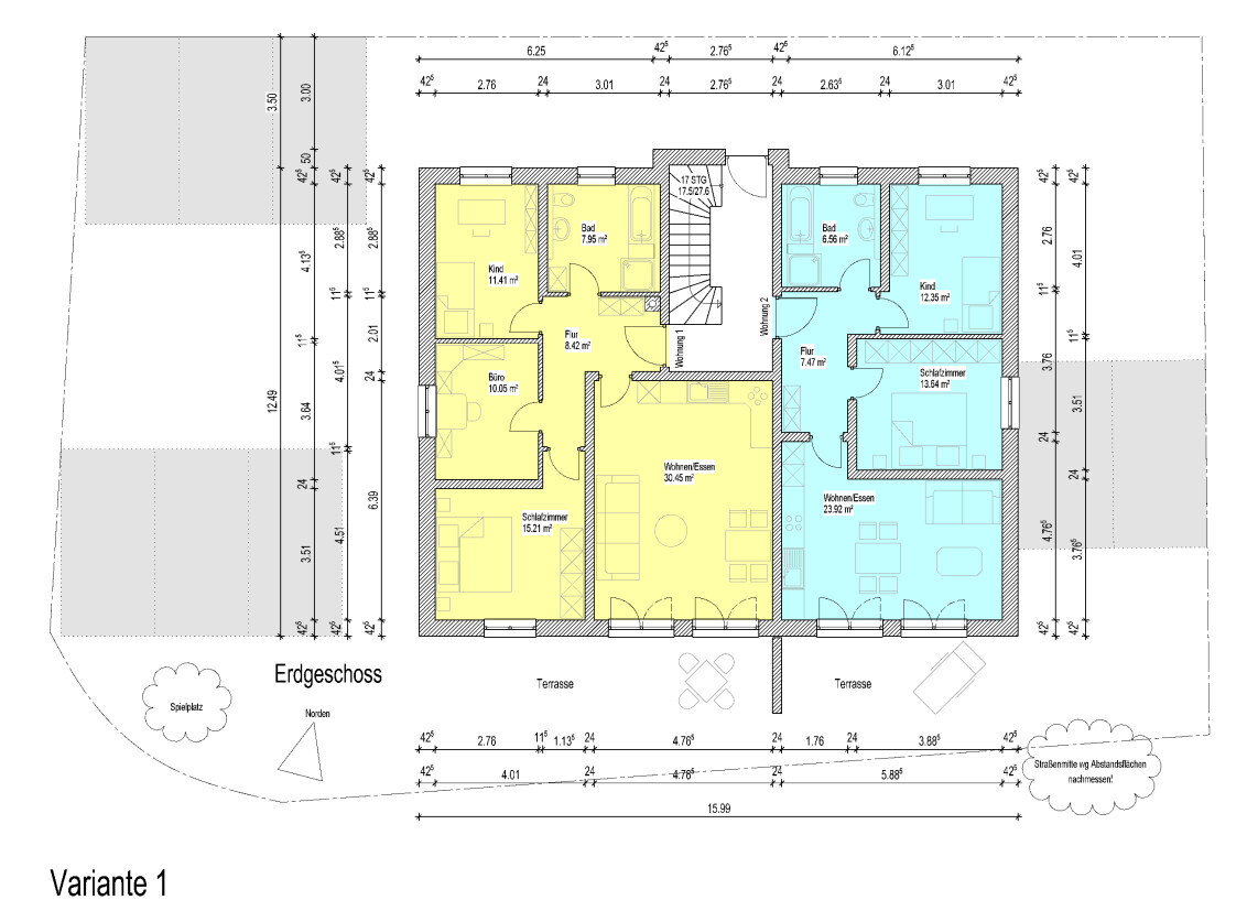 Ground floor plan: two apartments (yellow left, blue right); living room, bathroom, terrace.