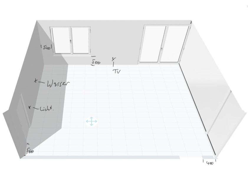 3D room plan: living area with windows on the back wall, TV wall, floor tiles, measurements on walls.