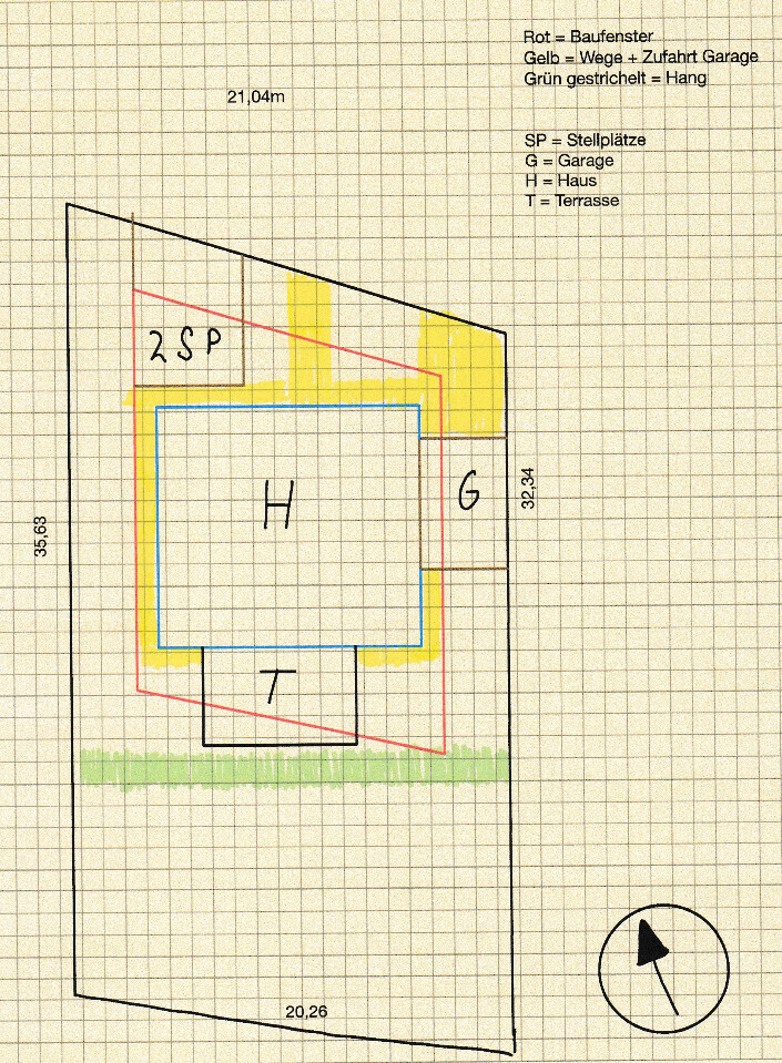 Floor plan: H, G, T, SP; color legend red = building envelope, yellow = path/driveway, green = slope.
