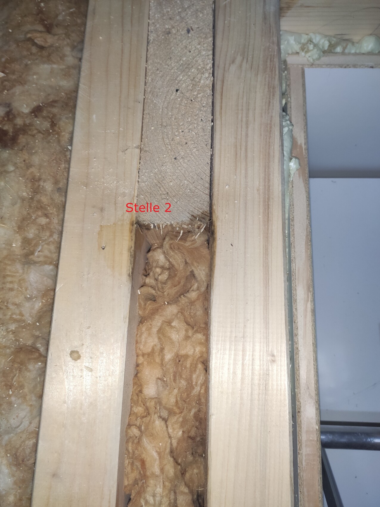 Offene Wandkonstruktion mit sichtbaren Holzständern und dazwischen liegender Dämmung.