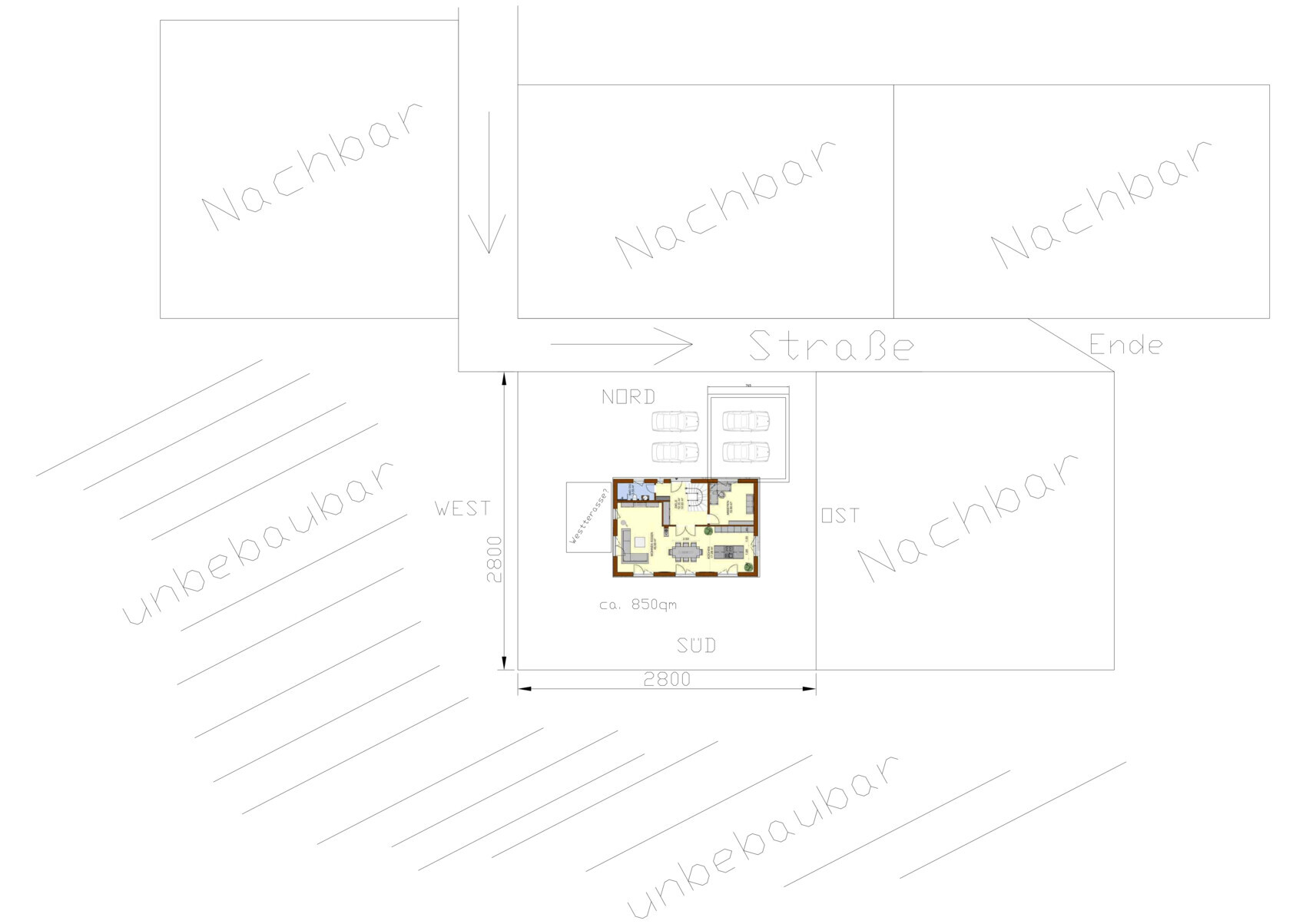 Grundriss eines Einfamilienhauses mit Garten und Carport, farbige Innenaufteilung.