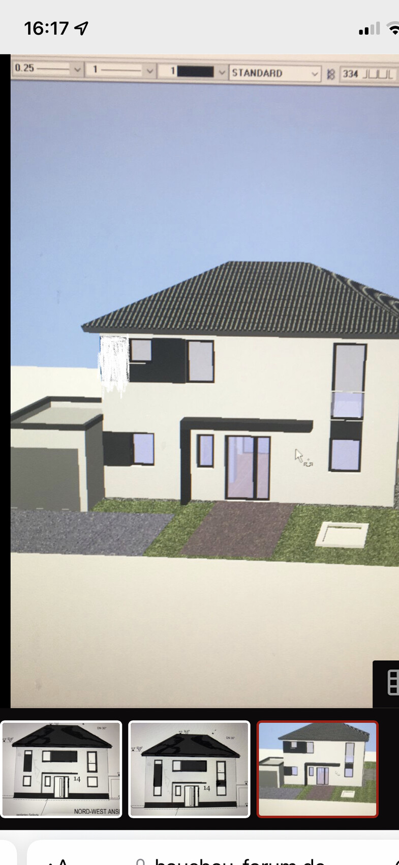 Modern two-story villa with a dark tiled roof, white facade, garage on the left.