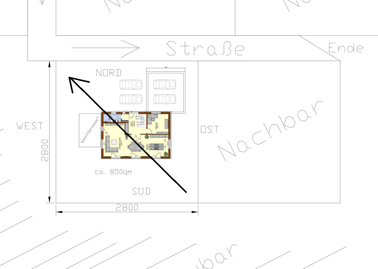 Site plan with small house floor plan and street names, north-south orientation