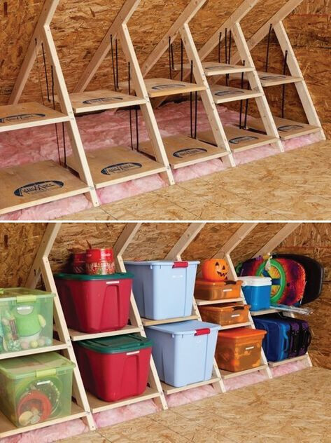 Attic storage with wooden structures and colorful storage boxes arranged in rows.