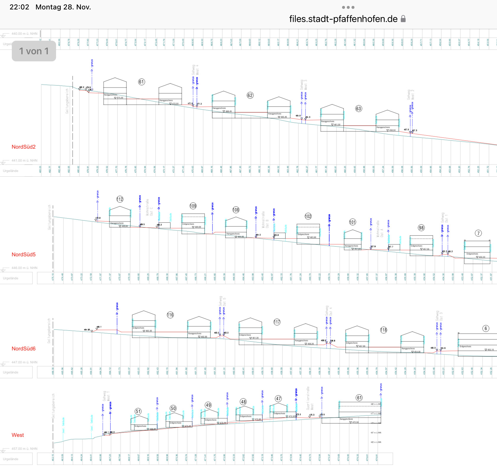 Technical plan: Cross-section drawings with buildings along North/South and West, contour lines.