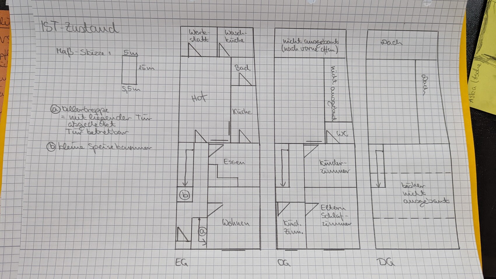 Rough floor plan layout: three levels (ground floor, first floor, attic) with rooms, bathroom, kitchen.