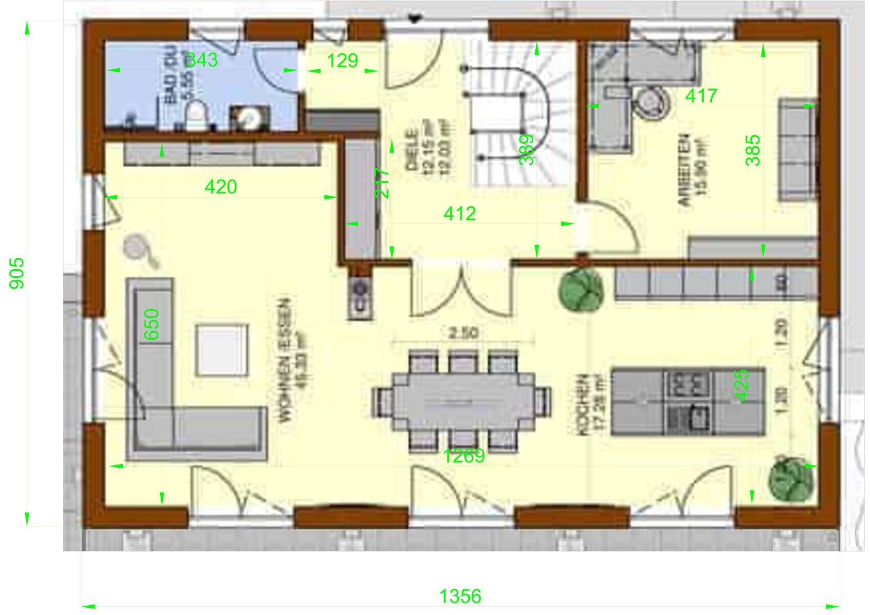 Floor plan of a house with living and dining area, kitchen, entrance and stairs.