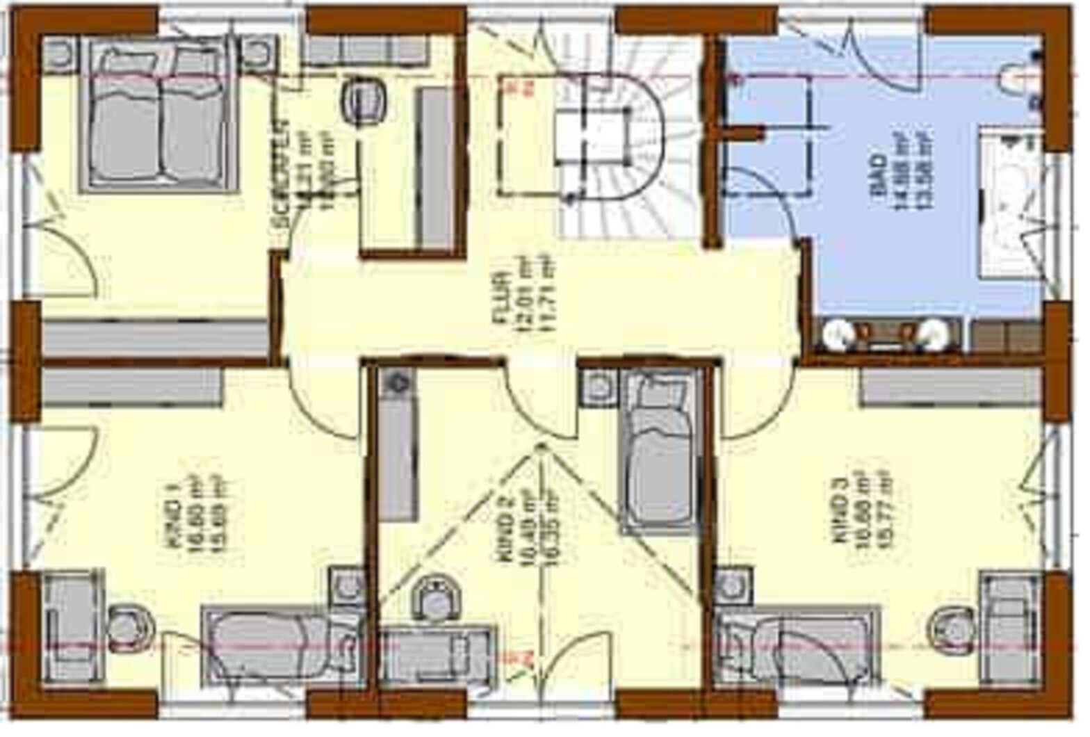 Floor plan of a house with several rooms, hallway and stairs