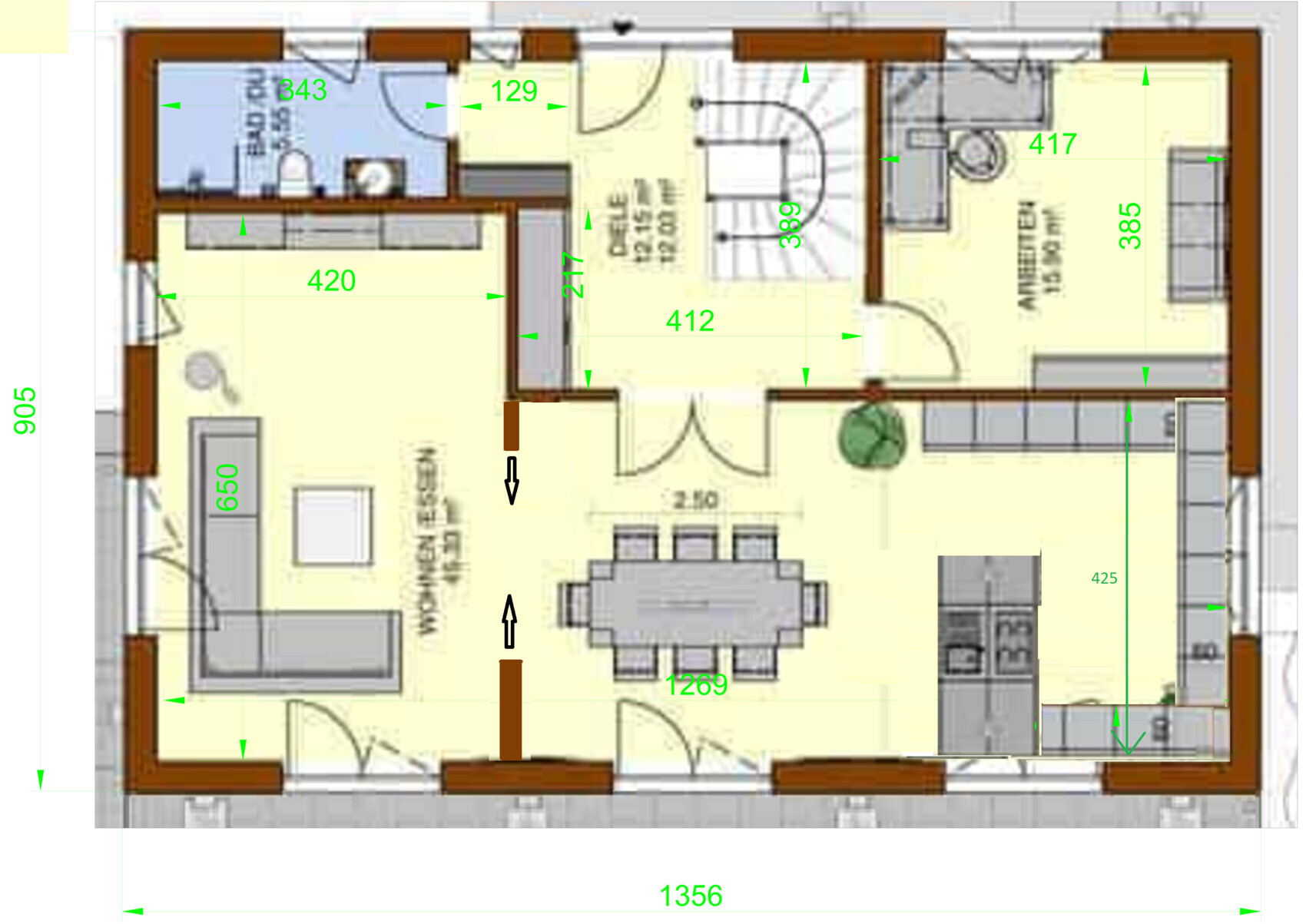 2D house floor plan with furnished interior layout, doors, and windows