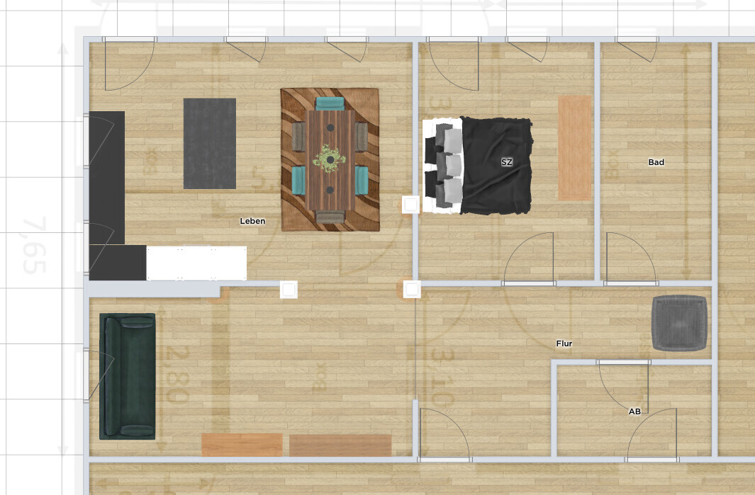 Floor plan of an apartment: living room with dining table, bedroom, bathroom, hallway, storage room.