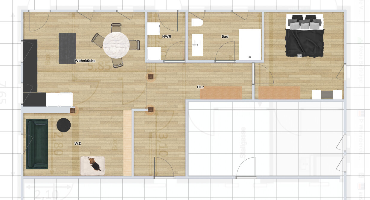 Floor plan of an apartment: open kitchen-living area, living room, bedroom, bathroom, utility room, and hallway.