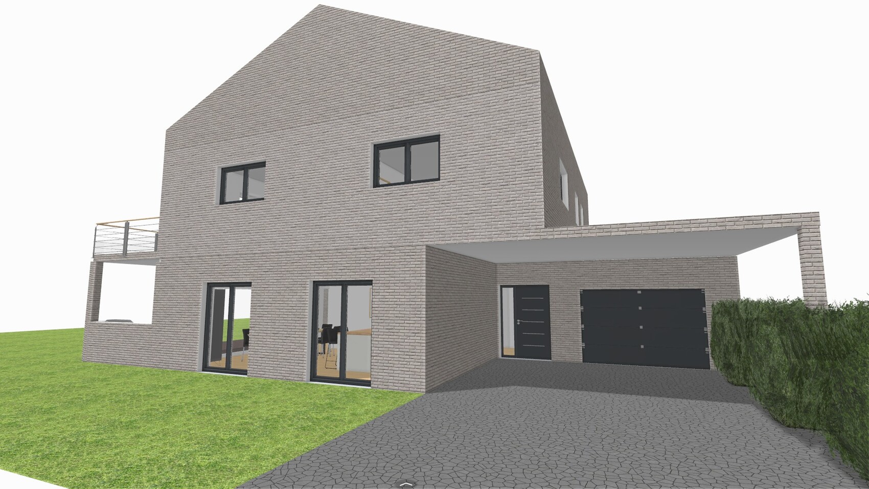 Modernes zweistöckiges Backsteinhaus mit Doppelgarage, Balkon und Garten.