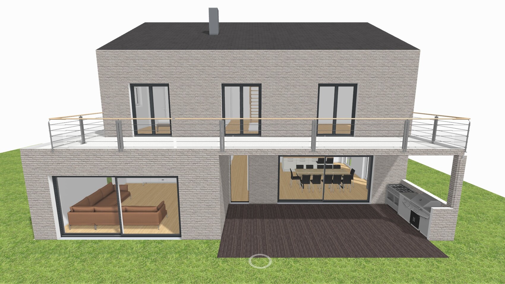 Zweistöckiges Ziegelhaus mit Terrasse, Balkon, Wohnzimmer, Esstisch und Outdoor-Küche.