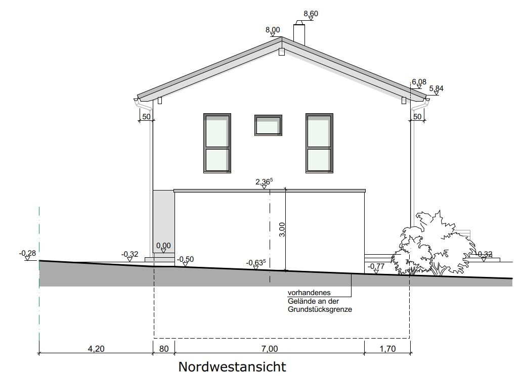 Northwest elevation of a house as a technical drawing with roof and windows.