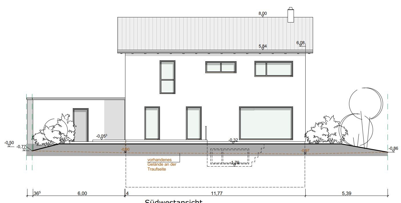 Southwest elevation of a modern house with side extension, large windows, and terrain cross-section.
