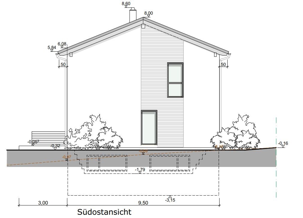 Southeast elevation of a two-story house with gable roof, wooden facade, windows, door, and basement floor plan.