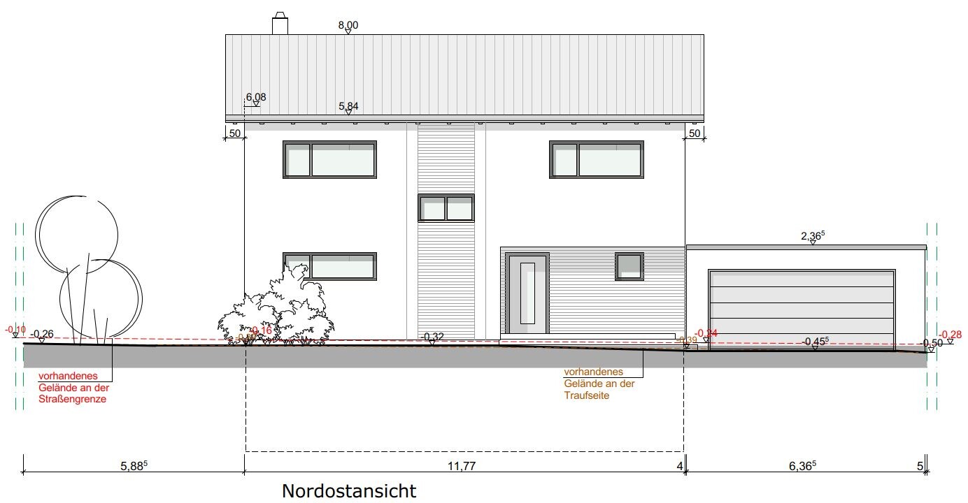 Northeast elevation of a modern two-story house with garage on the right and garden on the left.