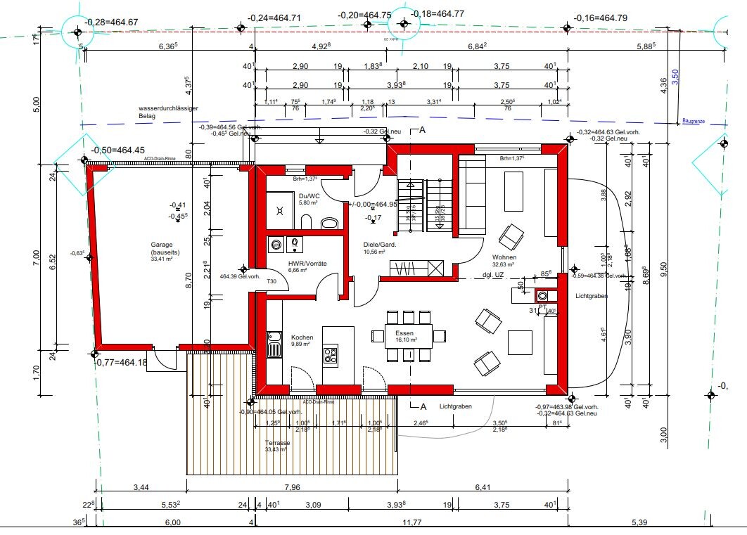 Floor plan of a house with red interior walls; kitchen, dining, living, hallway, shower/WC, utility room, garage.