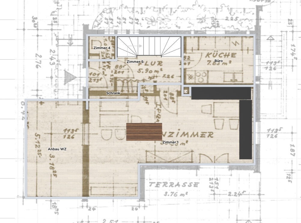 Floor plan of a house: Rooms 1–5, kitchen, office, living room extension, terrace.