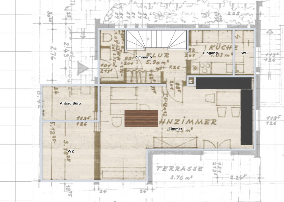 Floor plan of an apartment: Room 1, living room, kitchen, entrance, WC, terrace, office extension.