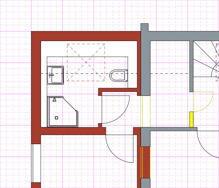 Compact bathroom floor plan with sink, toilet, shower, and door