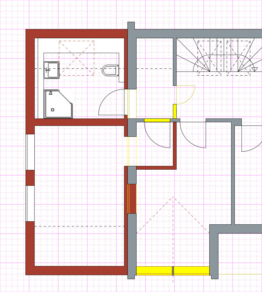 Floor plan: bathroom left, stairs right, hallway and several doors; colored lines in the plan.