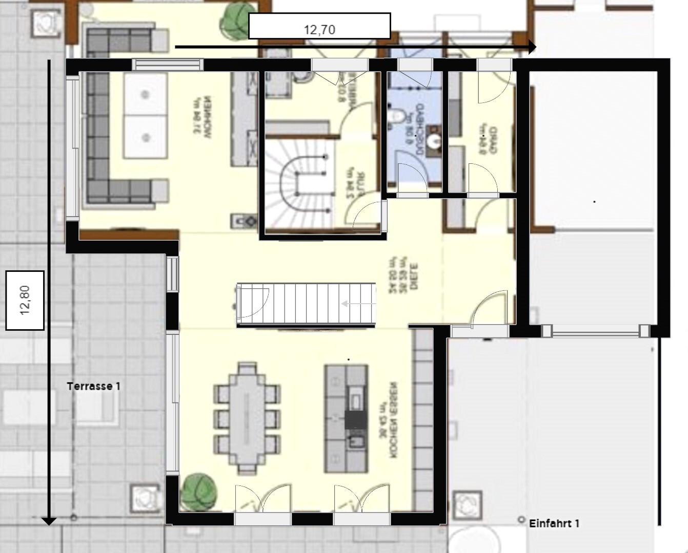 Ground floor plan: open living/dining area on the left, kitchen at the bottom, stairs in the middle, bathroom on the right, terrace on the left.