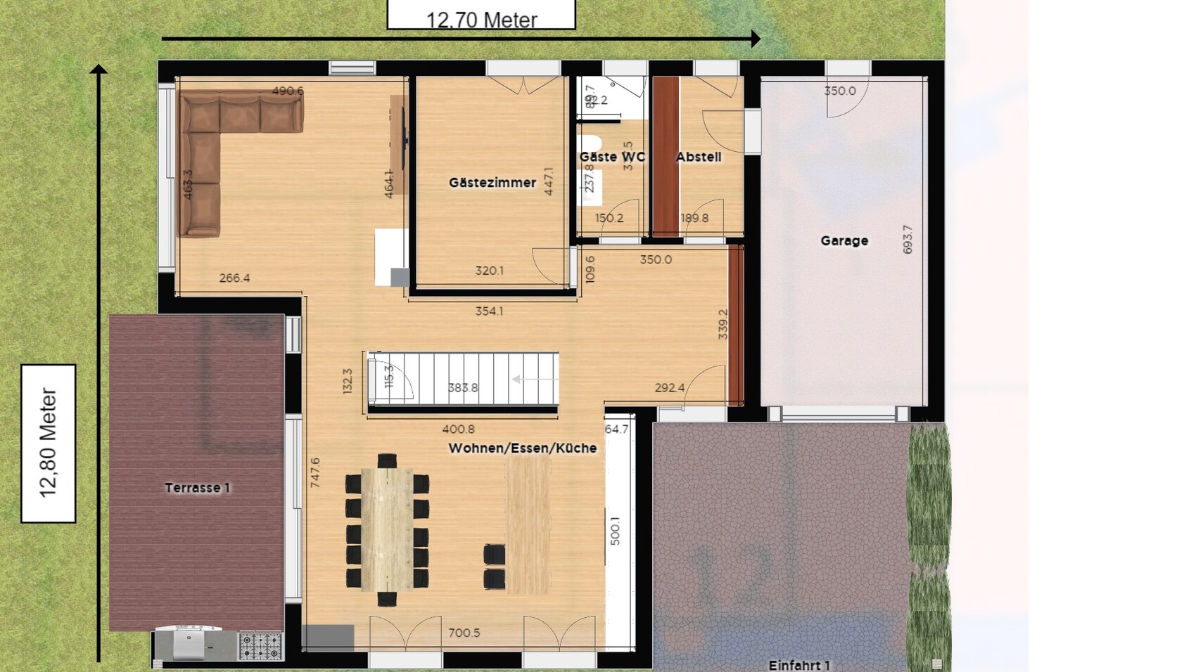 Floor plan: living/dining/kitchen, guest room, guest WC, storage, garage, terrace.