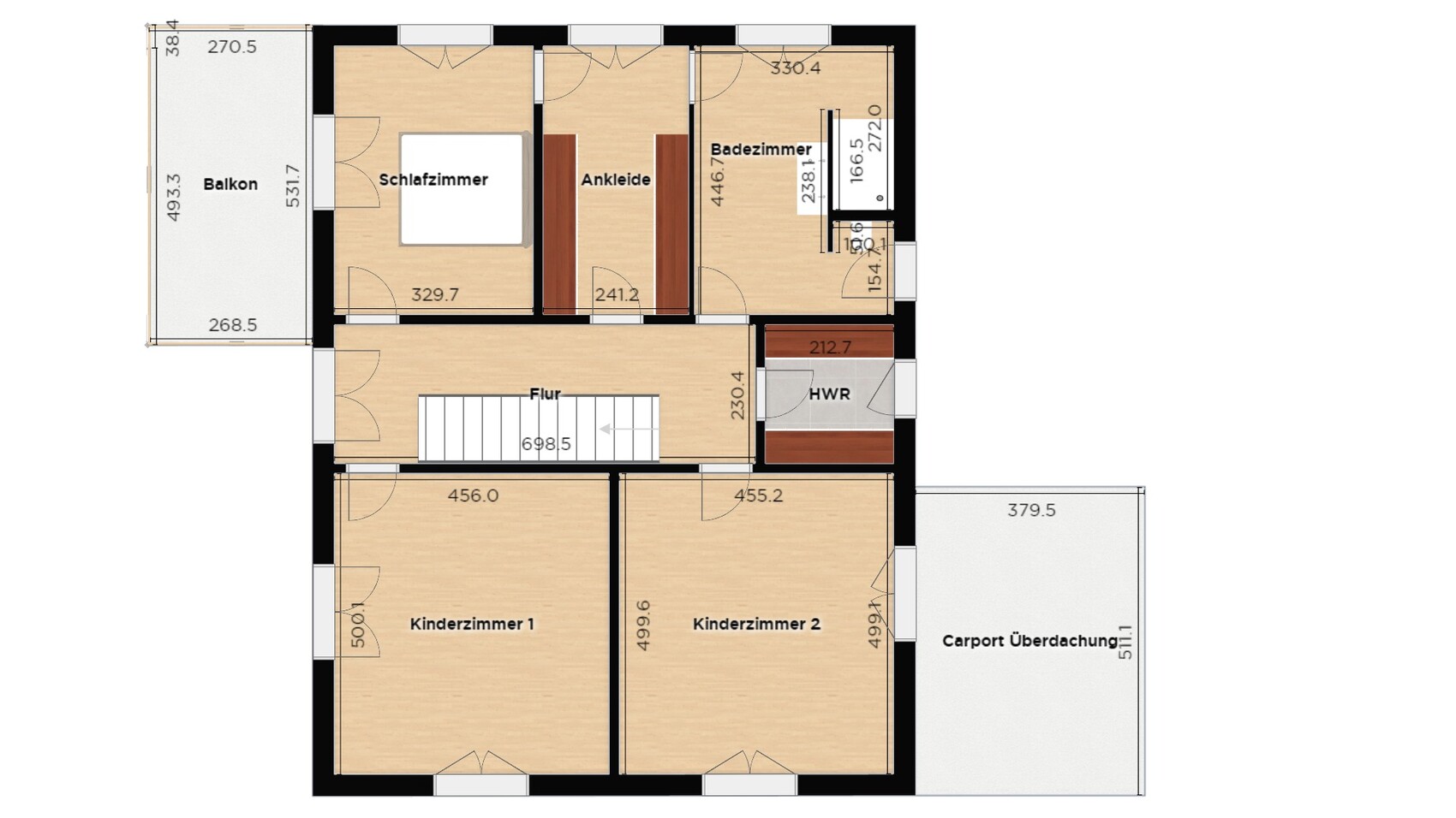 House floor plan: bedroom, children’s room, bathroom, hallway, balcony, carport.