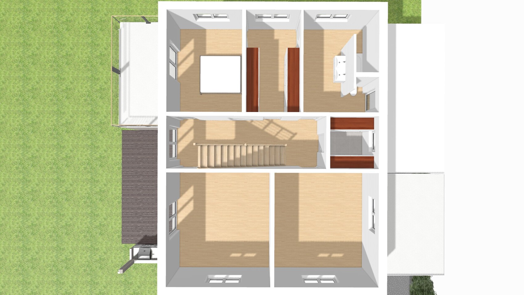 Top view of house floor plan: several bedrooms, bathroom, stairs, hallway, and garden.