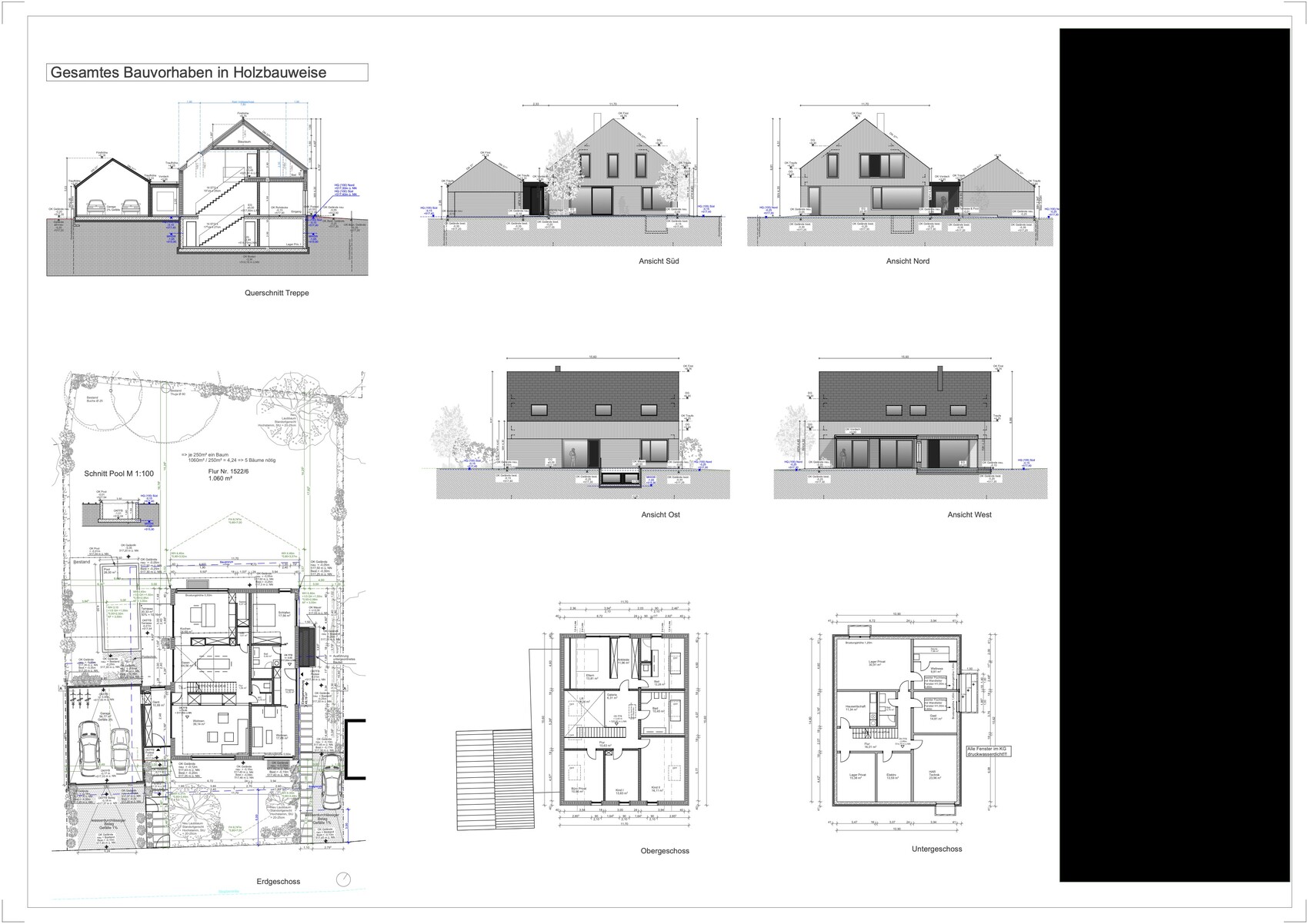 Complete timber construction project with floor plans, elevations, and sections