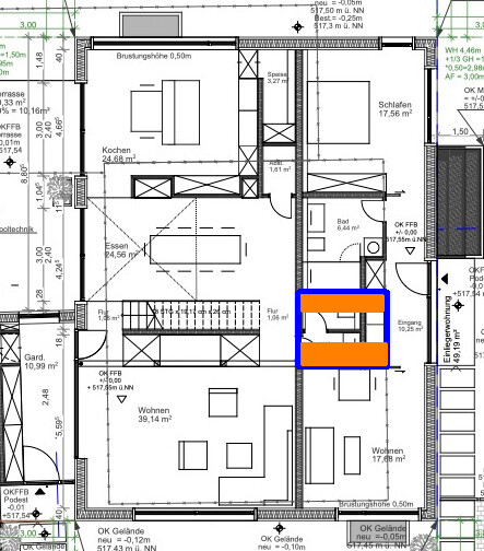 Architektur-Grundriss einer Wohnung mit orange und blau markierten Bereichen.