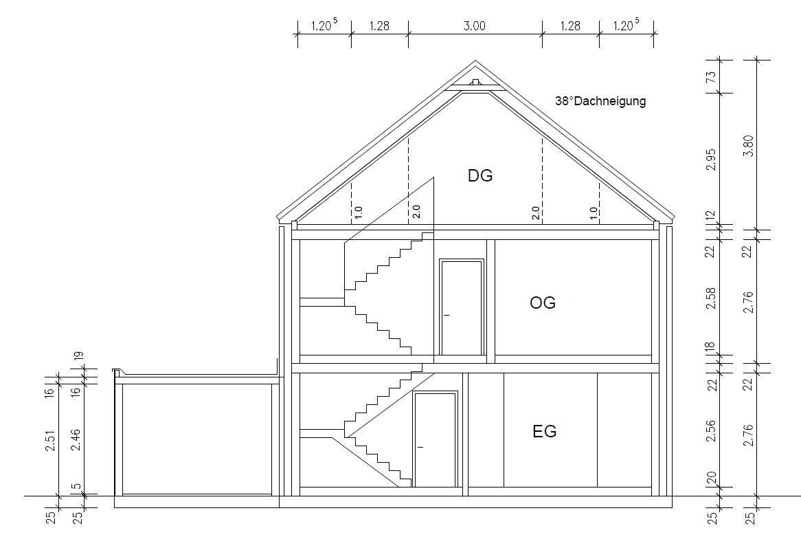 Schnitt durch ein dreigeschossiges Haus (DG, OG, EG) mit Treppen und 38° Dachneigung.
