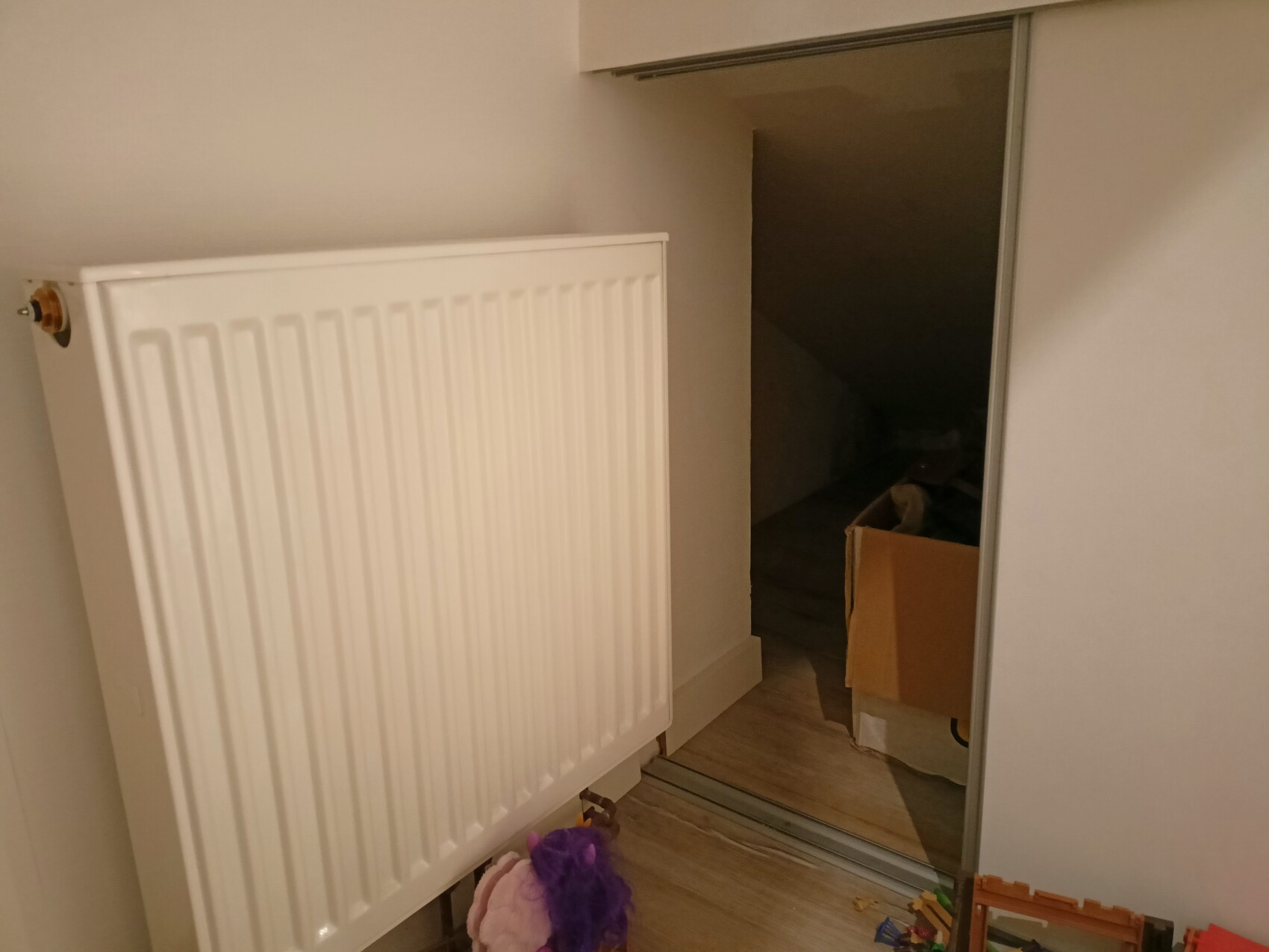 Bright radiator on the left, passage to a dark storage room with boxes and toys.