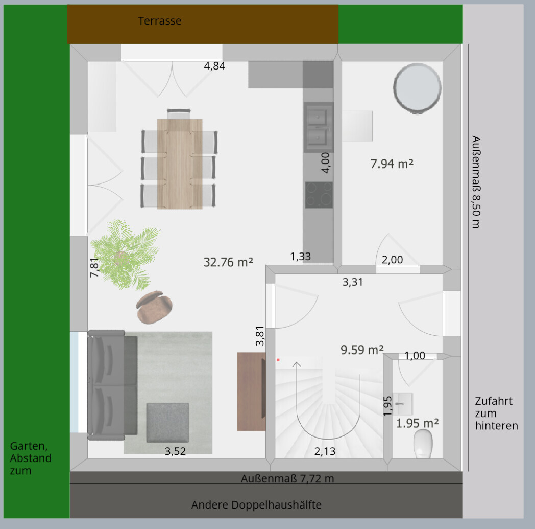 Grundriss eines Hauses: Terrasse, offener Wohn- und Essbereich, Küche, Treppen, Garten.