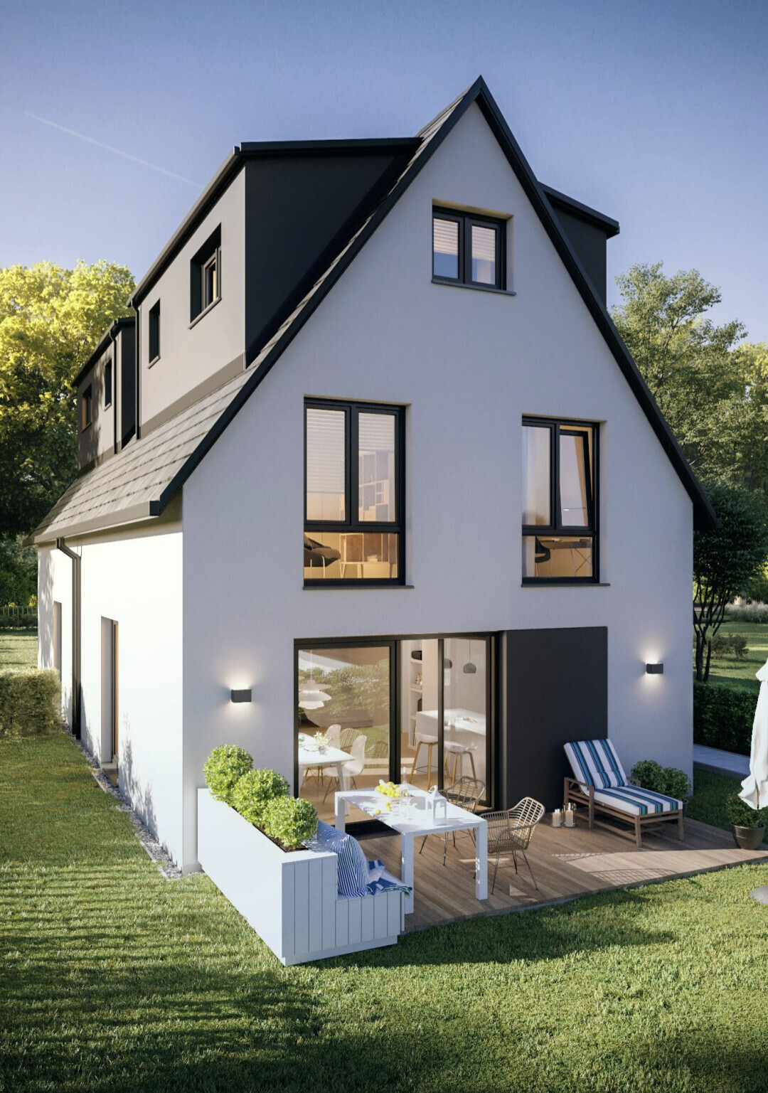 Modern two-story white single-family house with dark pitched roof, terrace, and garden